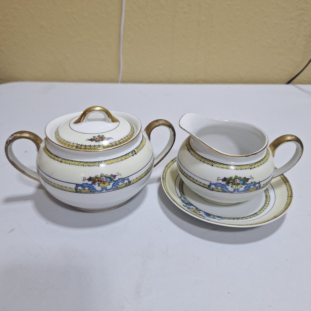 Antique Noritake Malvern Hand Painted Sugar Bowl Creamer Underplate Japan M Mark